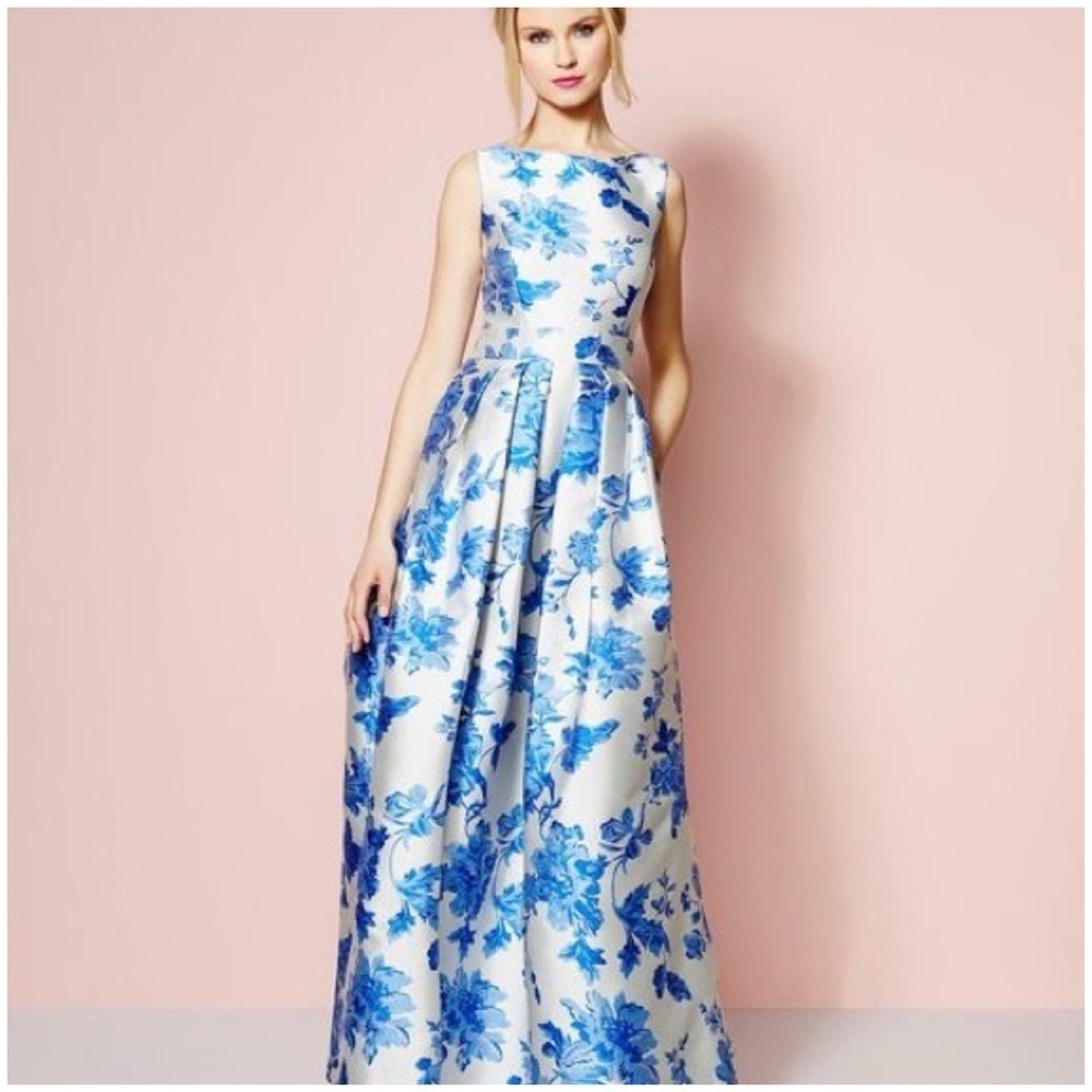 NWT Eliza J Jacquard Creamy White and Blue Floral Pleated Gown, Size 2 - Picture 4 of 16